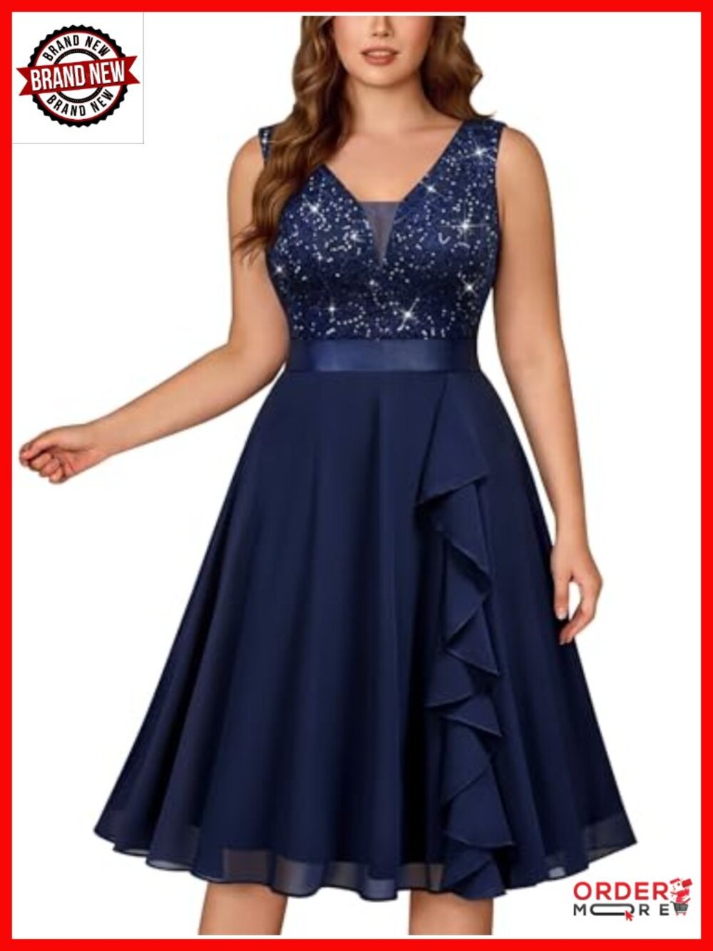 Plus Size V-Neck Sequin Lace A-Line Formal Dress with Ruffle Hem